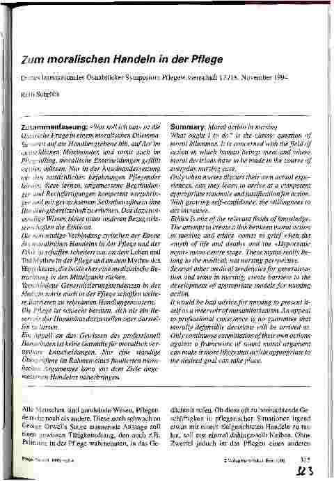 Vorschauseite 1: Zum moralischen Handeln in der Pflege Drittes Internationales Osnabrücker Symposium Pflegewissenschaft 17./18. November 1994