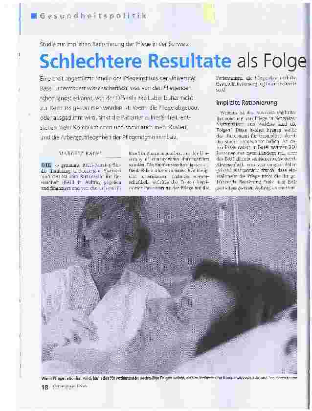 Vorschauseite 1: Studie zur impliziten Rationierung der Pflege in der SchweizSchlechtere Resultate als Folge des Sparens