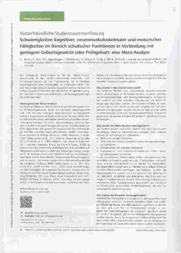 Vorschauseite 1: Nutzerfreundliche Studienzusammenfassung Schwierigkeiten kognitiver, neuromuskuloskeletaler und motorischer Fähigkeiten im Bereich schulischer Funktionen in Verbindung mit geringe…