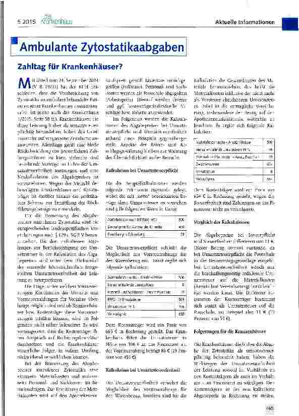 Vorschauseite 1: Ambulante Zytostatikaabgaben Zahltag für Krankenhäuser?