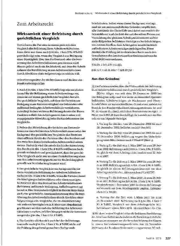Vorschauseite 1: Wirksamkeit einer Befristung durch gerichtlichen Vergleich