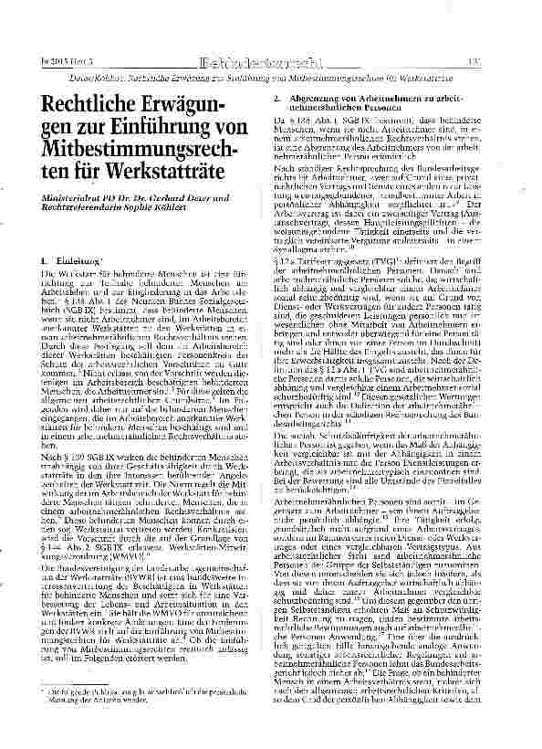 Vorschauseite 1: Rechtliche Erwägungen zur Einführung von Mitbestimmungsrechten für Werkstatträte