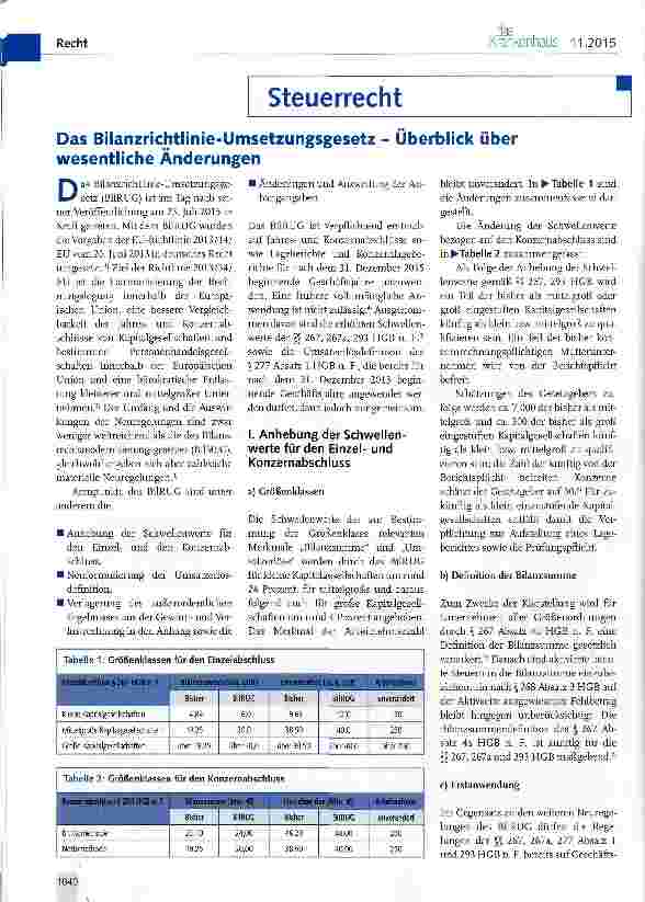 Vorschauseite 1: Das Bilanzrichtlinie-Umsetzungsgesetz - Überblick über wesentliche Änderungen