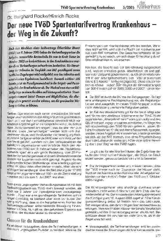 Vorschauseite 1: Der neue TVöD Spartentarifvertrag Krankenhaus -der Weg in die Zukunft?
