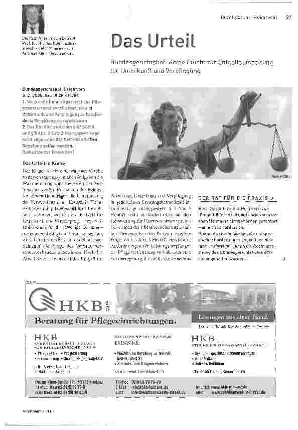 Vorschauseite 1: Das UrteilBundesgerichtshof: Keine Pflicht zur Entgeltaufspaltung für Unterkunft und Verpflegung