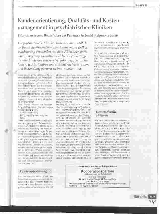 Vorschauseite 1: Kundenorientierung, Qualitätsund Kostenmanagement in psychiatrischen Kliniken Prioritäten setzen, Bedürfnisse der Patienten in den Mittelpunkt rücken