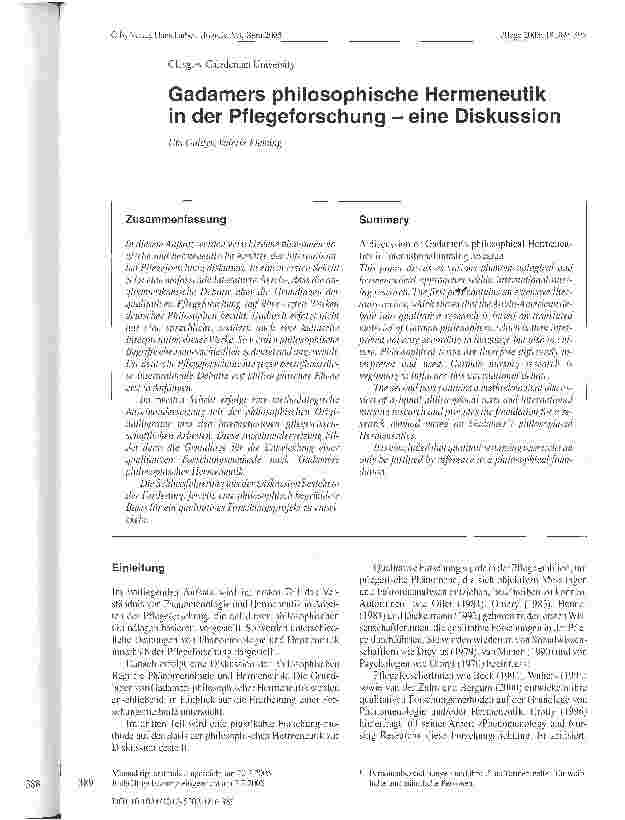 Vorschauseite 1: Gadamers philosophische Hermeneutik in der Pflegeforschung - eine Diskussion