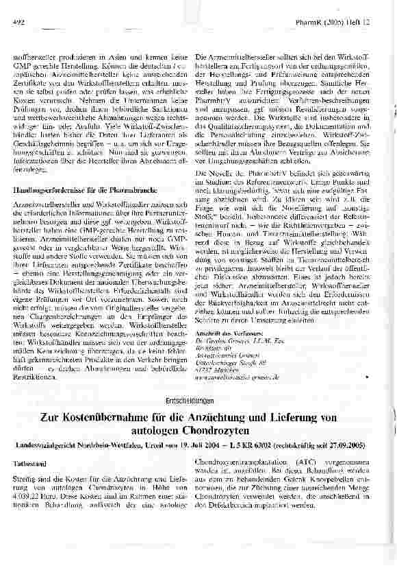 Vorschauseite 1: Zur Kostenübernahme für die Anzüchtung und Lieferung vonautologen Chondrozyten