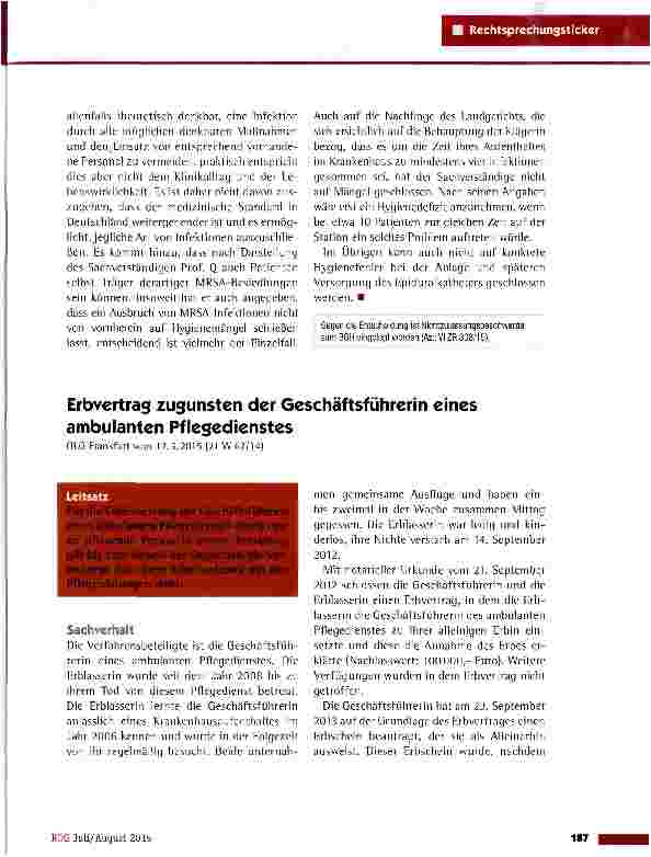 Vorschauseite 1: Erbvertrag zugunsten der Geschaftsfuhrerin eines ambulanten Pflegedienstes OLG Frankfurt vom 12.5.2015 (21 W 67/14)