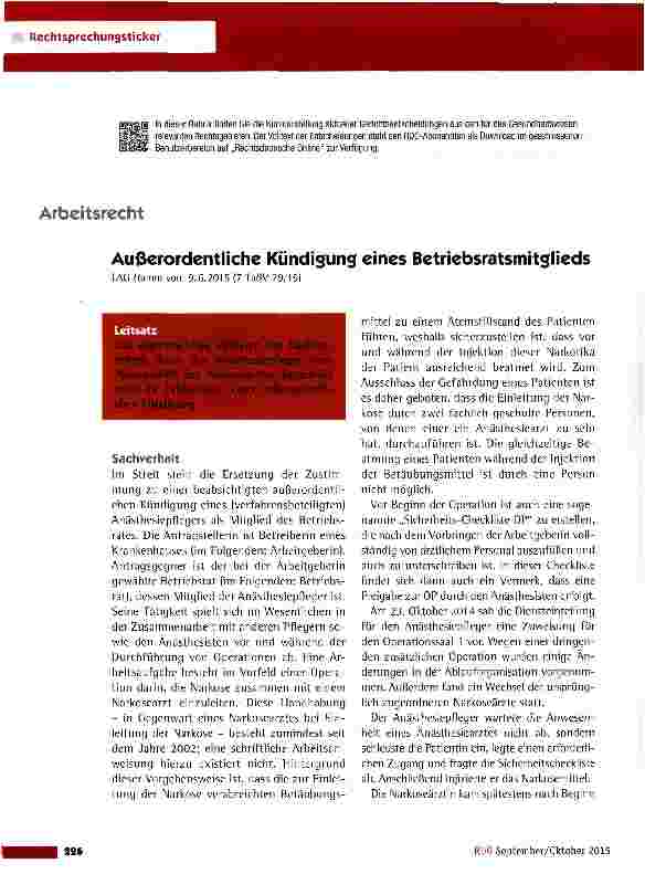 Vorschauseite 1: Außerordentliche Kündigung eines Betriebsratsmitglieds LAG Hamm vom 9.6.2015 (7TaBV29/15)