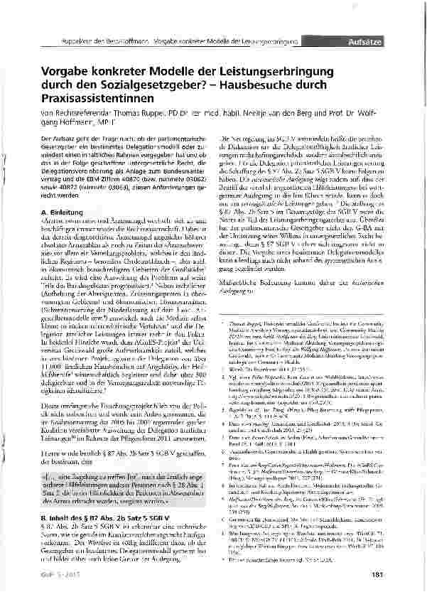 Vorschauseite 1: Vorgabe konkreter Modelle der Leistungserbringung durch den Sozialgesetzgeber? - Hausbesuche durch Praxisassistentinnen