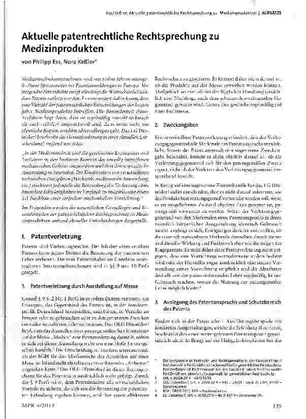 Vorschauseite 1: Aktuelle patentrechtliche Rechtsprechung zu Medizinprodukten