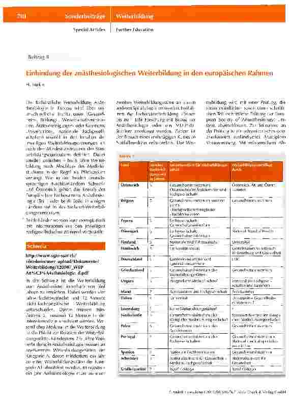 Vorschauseite 1: Einbindung der anästhesiologischen Weiterbildung in den europäischen Rahmen