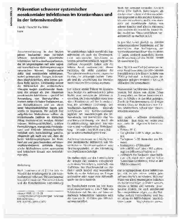 Vorschauseite 1: Prävention schwerer systemischer nosokomialer Infektionen im Krankenhaus und in der Intensivmedizin