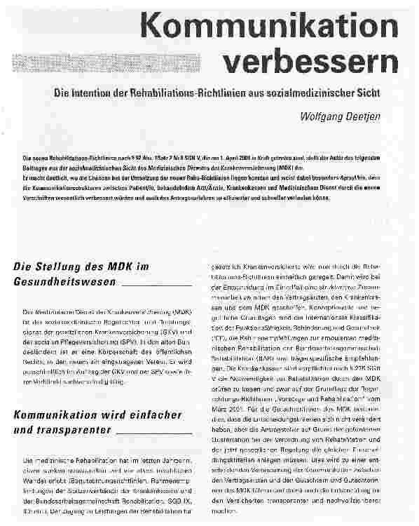 Vorschauseite 1: Kommunikation verbessern. Die Intention der Rehabiliations-Richtlinien aus sozialmedizinischer Sicht
