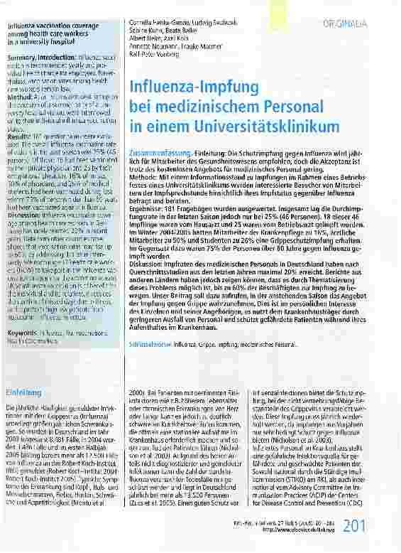 Vorschauseite 1: Influenza-Impfung bei medizinischem Personalin einem Universitätsklinikum