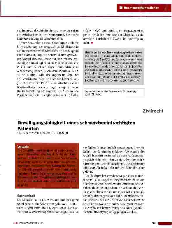 Vorschauseite 1: Einwilligungsfähigkeit eines schmerzbeeinträchtigten Patienten OLG Koblenz vom 1.10.2014(5 11 463/14)