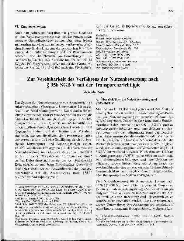Vorschauseite 1: Zur Vereinbarkeit des Verfahrens der Nutzenbewertung nach § 35b SGB V mit der Transparenzrichtlinie