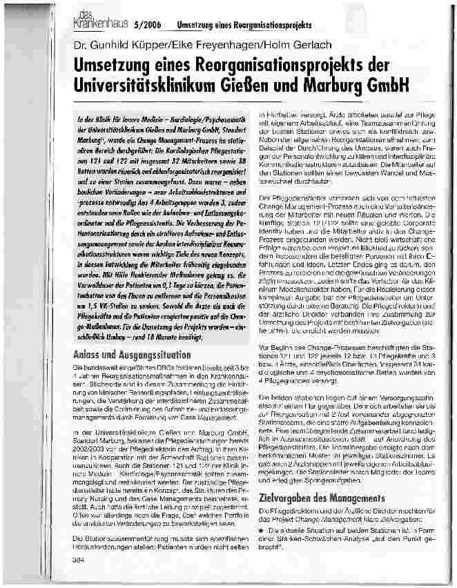 Vorschauseite 1: Umsetzung eines Reorganisationsprojekts der Universitätsklinikum Gießen und Marburg GmbH