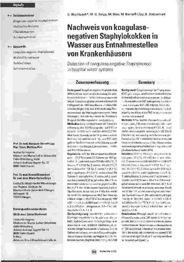 Vorschauseite 1: Nachweis von koagulase-negativen Staphylokokken in Wasser aus Entnahmestellen von Krankenhäusern