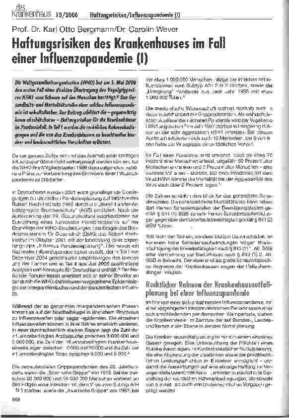Vorschauseite 1: Haftungsrisiken des Krankenhauses im Fall einer Influenzapandemie (I)