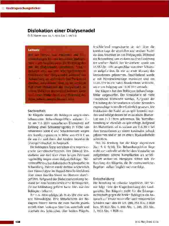 Vorschauseite 1: Dislokation einer Dialysenadel OLG Hamm vom 16.2.2016 {26 U 18/15
