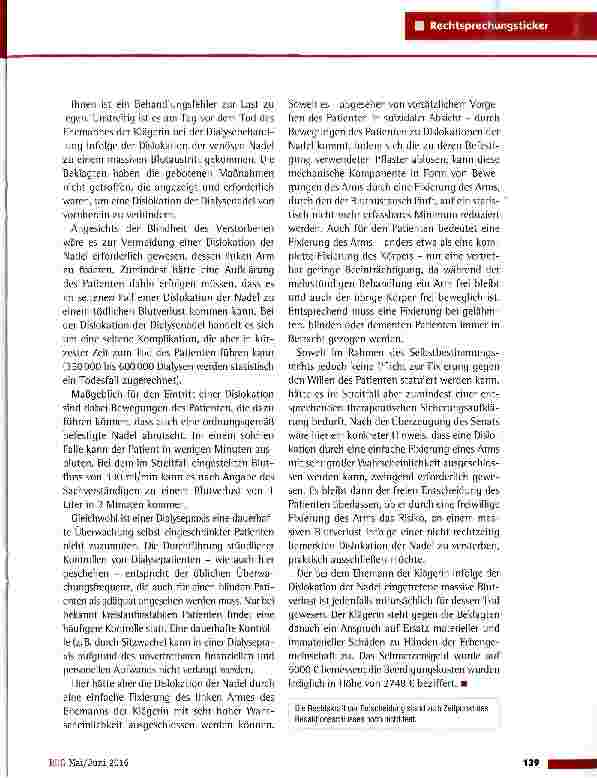 Vorschauseite 2: Dislokation einer Dialysenadel OLG Hamm vom 16.2.2016 {26 U 18/15