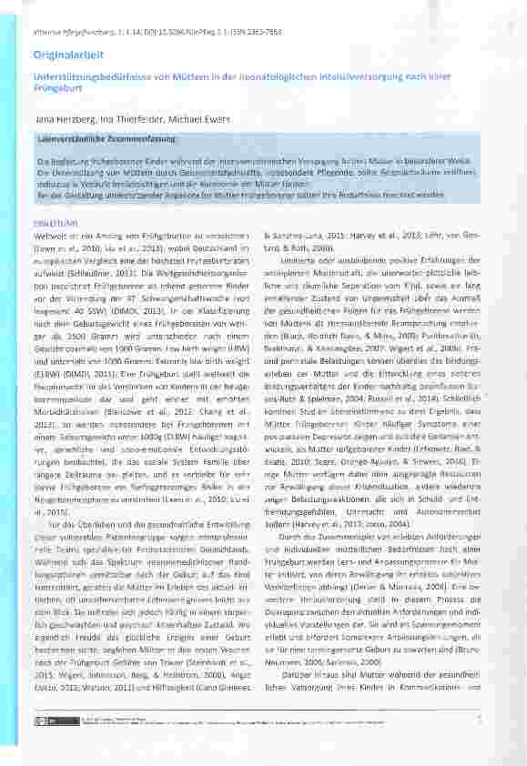 Vorschauseite 1: Unterstützungsbedürfnisse von Müttern in der neonatologischen Intensivversorgung nach einer Frühgeburt