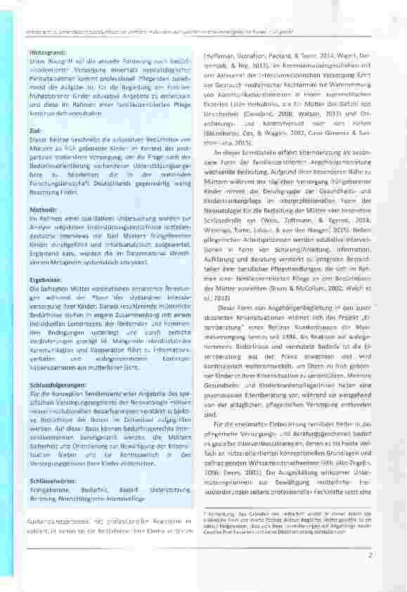 Vorschauseite 2: Unterstützungsbedürfnisse von Müttern in der neonatologischen Intensivversorgung nach einer Frühgeburt