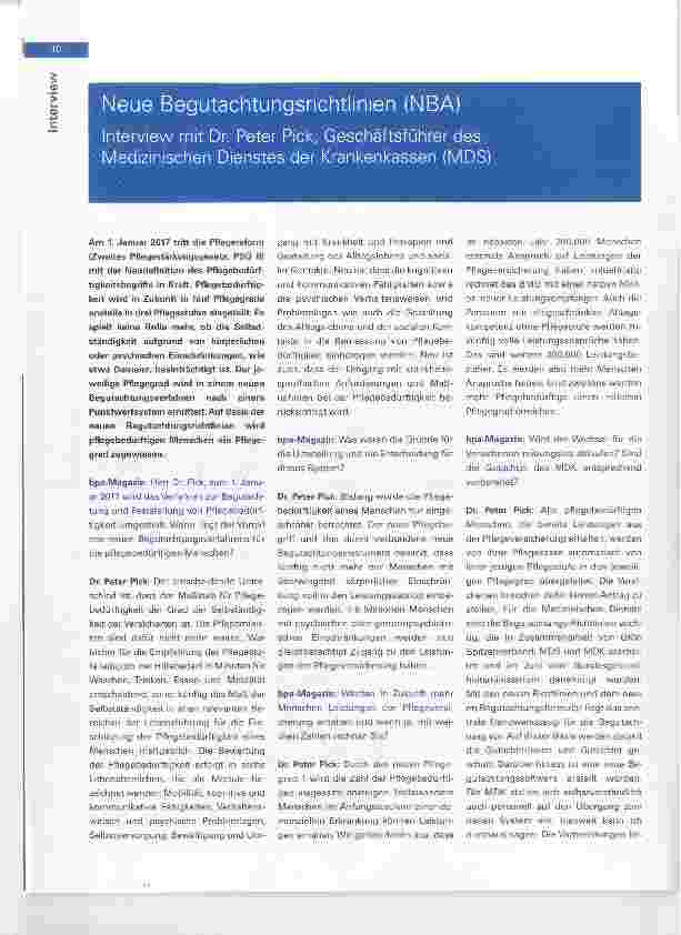 Vorschauseite 1: Neue Begutachtungsrichtlinien (NBA) Interview mit Dr. Peter Pick, Geschäftsführer des Medizinischen Dienstes der Krankenkassen (MDS)