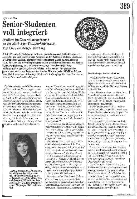 Vorschauseite 1: Senior-Stutenten voll inntegriert / Studium im Generationsverbund an der Marburger Philipps-Universität