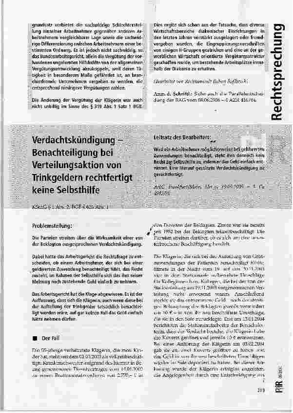 Vorschauseite 1: Verdachtskündigung -Benachteiligung bei Verteilungsaktion von Trinkgeldern rechtfertigt keine Selbsthilfe