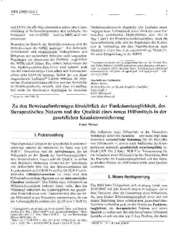 Vorschauseite 1: Zu den Beweisanforderungen hinsichtlich der Funktionstauglichkeit, des therapeutischen Nutzens und der Qualität eines neuen Hilfsmittels in der gesetzlichen Krankenversicherung