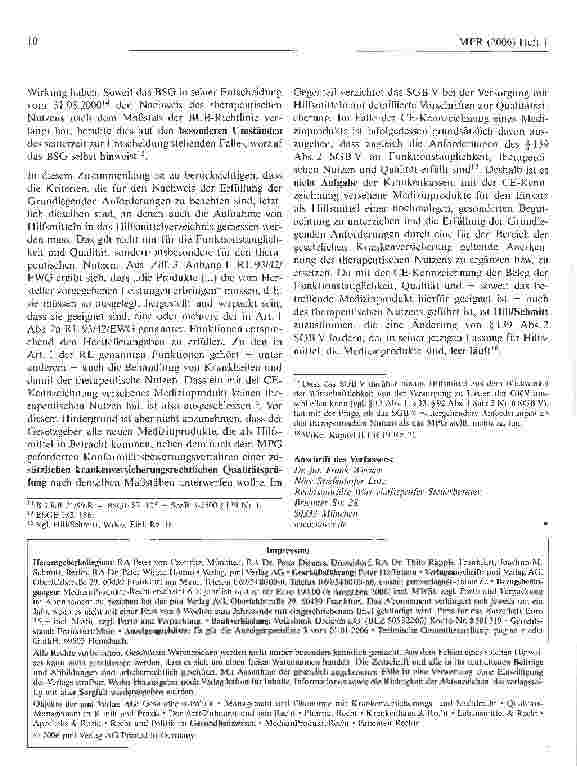 Vorschauseite 4: Zu den Beweisanforderungen hinsichtlich der Funktionstauglichkeit, des therapeutischen Nutzens und der Qualität eines neuen Hilfsmittels in der gesetzlichen Krankenversicherung