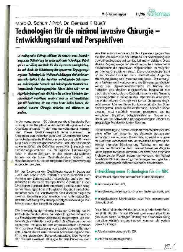 Vorschauseite 1: Technologien für die minimal invasive Chirurgie - Entwicklungsstand und Perspektiven