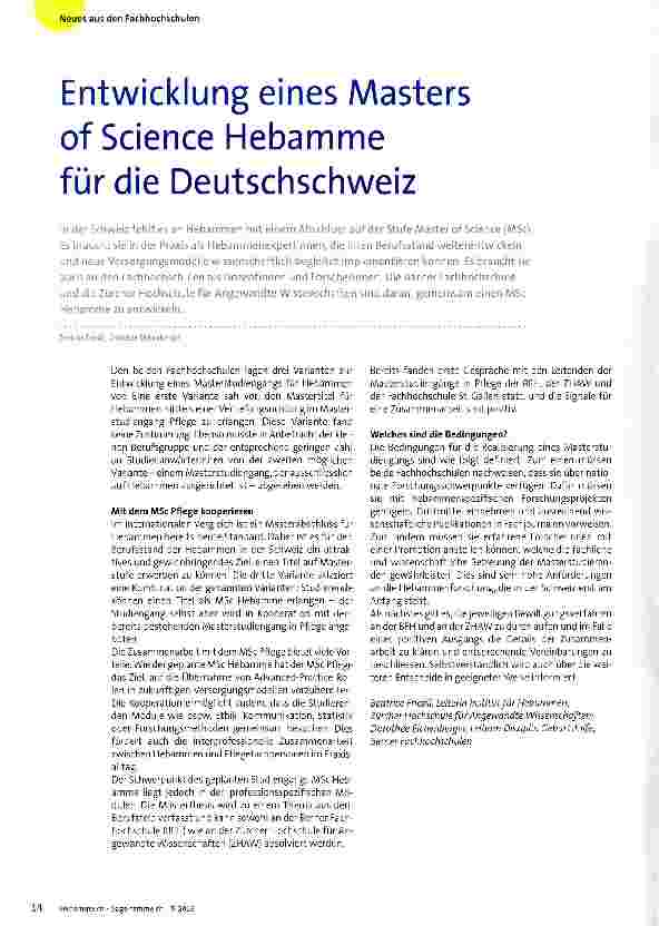 Vorschauseite 1: Entwicklung eines Masters of Science Hebamme für die Deutschschweiz