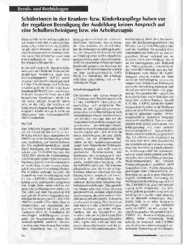 Vorschauseite 1: Schülerinnen in der Krankenbzw. Kinderkrankenpflege haben vor der regulären Beendigung der Ausbildung keinen Anspruch auf eine Schulbescheinigung bzw. ein Arbeitszeugnis
