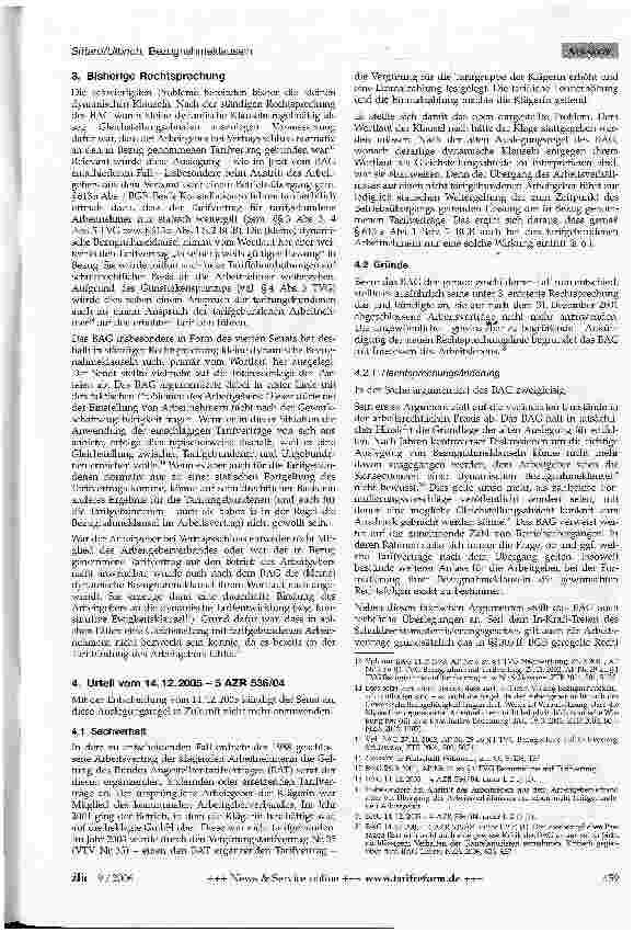 Vorschauseite 2: Zur Rechtsprechungsänderung bei der Auslegung von Bezugnahmeklauseln - zugleich Besprechung des Urteils BAG vom 14. 12. 2005 - 4 AZR 536/04 - (in diesem Heft S. 500)