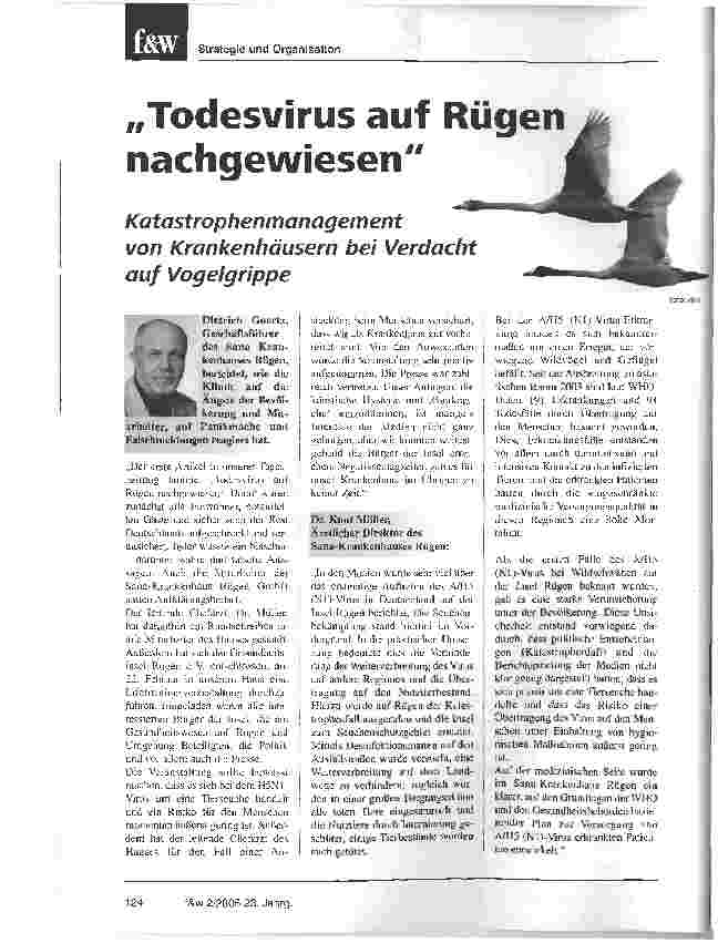 Vorschauseite 1: Todesvirus auf Rügen nachgewiesenKatastrophenmanagementvon Krankenhäusern bei Verdachtauf Vogelgrippe