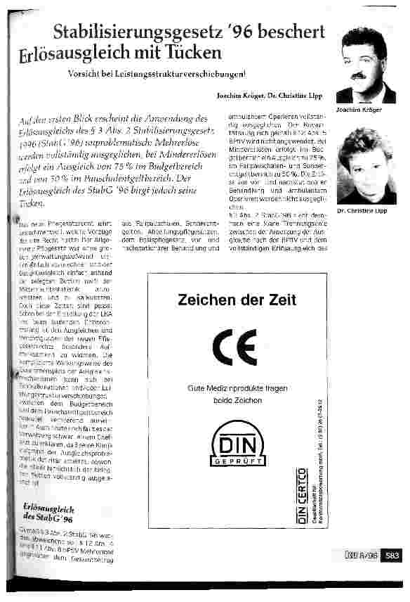 Vorschauseite 1: Stabilisierungsgesetz ´96 beschert Erlösausgleich mit Tücken Vorsicht bei Leistungsstrukturverschiebungen!
