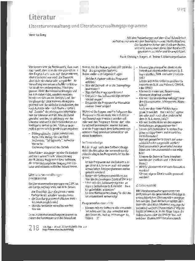 Vorschauseite 1: Literatur - Literaturverwaltung und Literaturverwaltungsprogramme