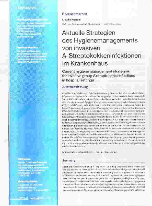 Vorschauseite 1: Aktuelle Strategien des Hygienemanagements von invasiven A-Streptokokkeninfektionen im Krankenhaus