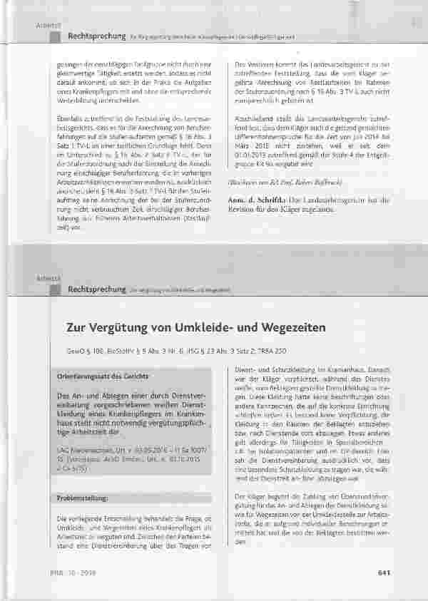 Vorschauseite 1: Zur Vergütung von Umkleideund Wegezeiten