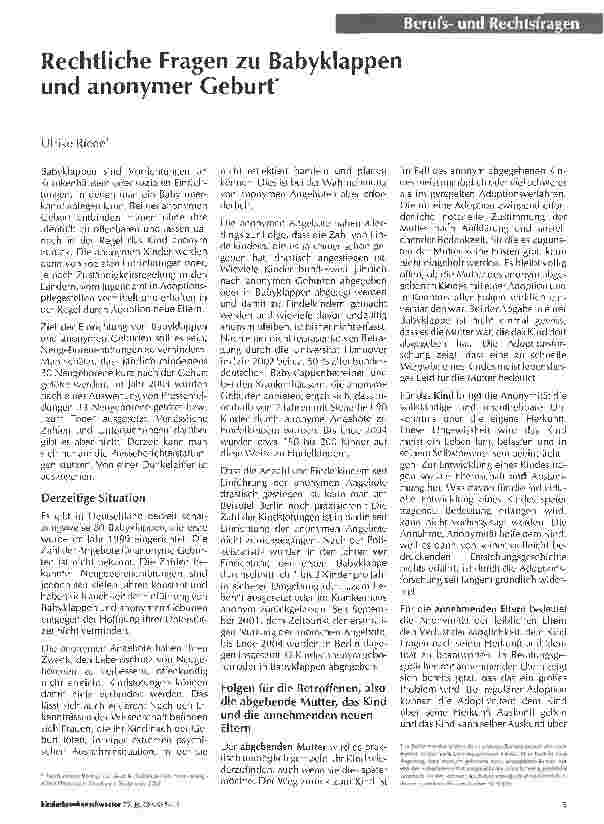 Vorschauseite 1: Rechtliche Fragen zu Babyklappen und anonymer Geburt
