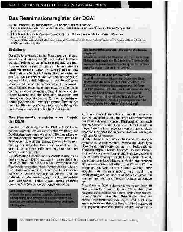 Vorschauseite 1: Das Reanimationsregister der DGAI