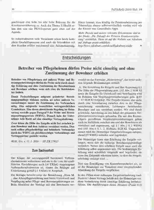 Vorschauseite 1: Betreiber von Pflegeheimen dürfen Preise nicht einseitig und ohneZustimmung der Bewohner erhöhen