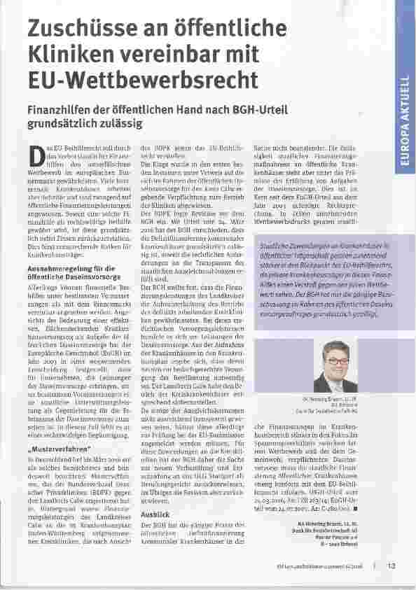 Vorschauseite 1: Zuschüsse an öffentliche Kliniken vereinbar mit EU Wettbewerbsrecht