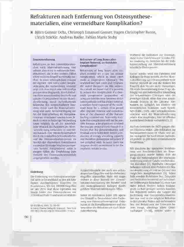 Vorschauseite 1: Refrakturen nach Entfernung von Osteosynthesematerialien, eine vermeidbare Komplikation?