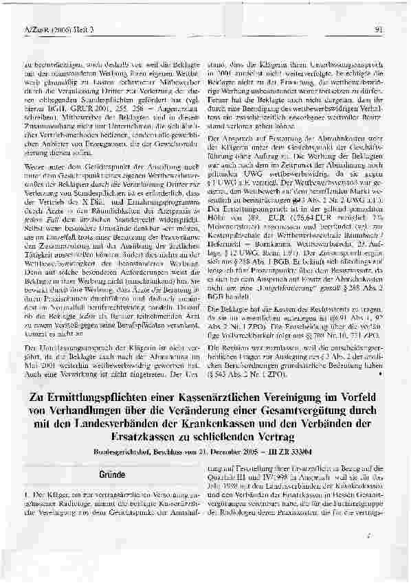 Vorschauseite 1: Zu Ermittlungspflichten einer Kassenärztlichen Vereinigung im Vorfeldvon Verhandlungen über die Veränderung einer Gesamtvergütung durchmit den Landesverbänden der Krankenkassen un…