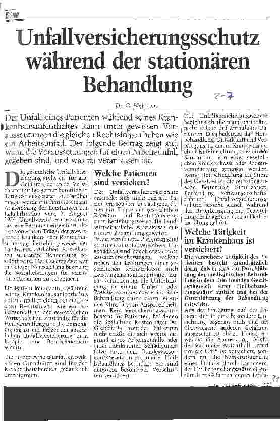 Vorschauseite 1: Unfallversicherungsschutz während der stationären Behandlung